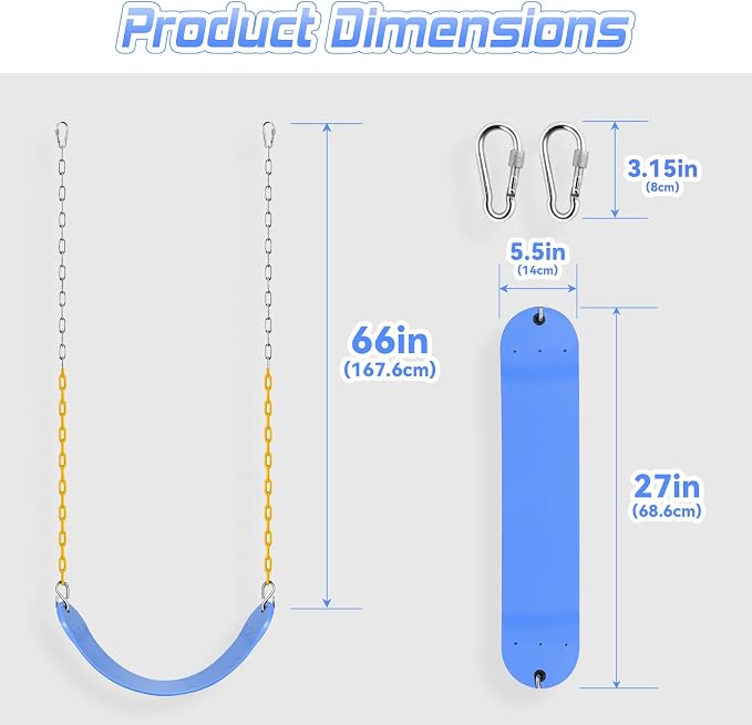 SEKKVY Swing Seats with 66" Heavy Duty Chains, Swing Set Accessories Replacement with Snap Hooks, Toddler Swings Supports 250 lbs for Outdoor Backyard Playground, Indoor Swing for Kids, Blue 1 Pack
