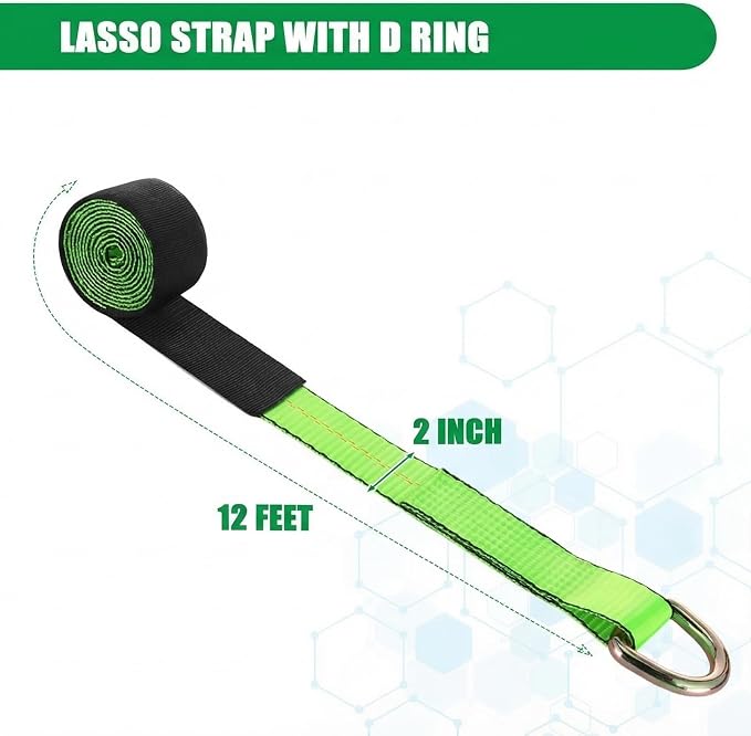 12 Pack Lasso Tow Truck Straps with D Ring 11, 000 Lbs Break Strength D Ring Auto Tie Down Wheel Lift Trailer Strap for Hauling Utv SUV Wrecker Rollback(2" X 12ft)
