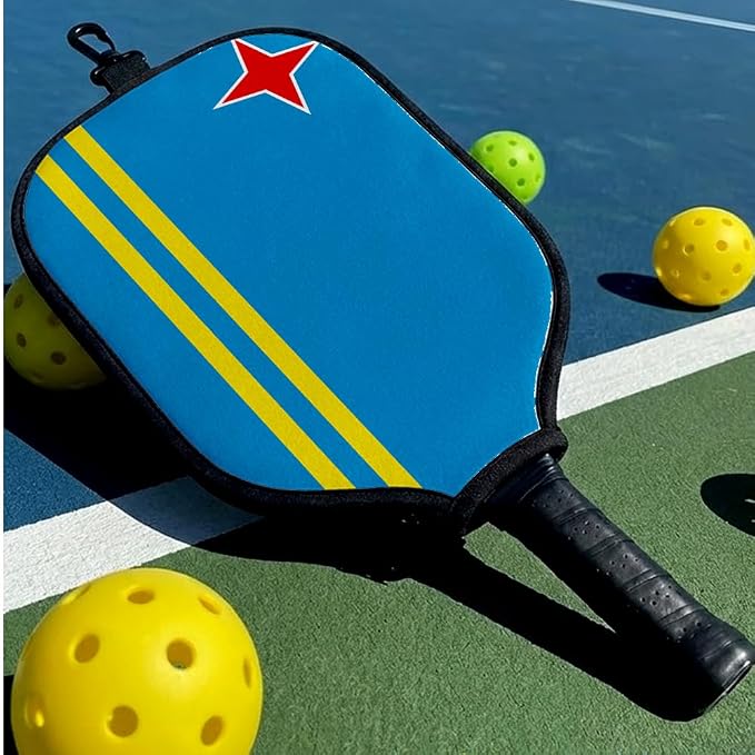 ExpressItBest Aruba Flag Pickleball Paddle Cover, Neoprene Material with Snap Hook, Blue and Yellow Design