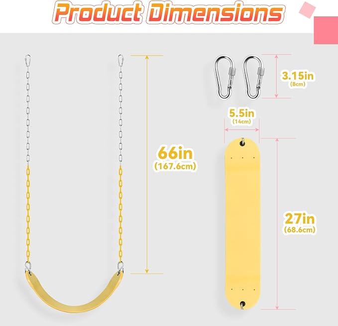 SEKKVY Swing Seats with 66" Heavy Duty Chains, Swing Set Accessories Replacement with Snap Hooks, Toddler Swings Supports 250 lbs for Outdoor Backyard Playground, Indoor Swing for Kids, Yellow 1 Pack