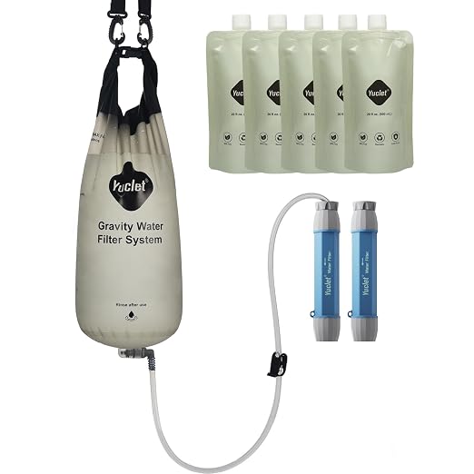 Gravity Water Filter System for Hiking, Camping, Travel, and Emergency Preparedness (1 Gravity Bag, 2 Water Filter Straw, 5 Squeezable 20-Oz Water Pouch)