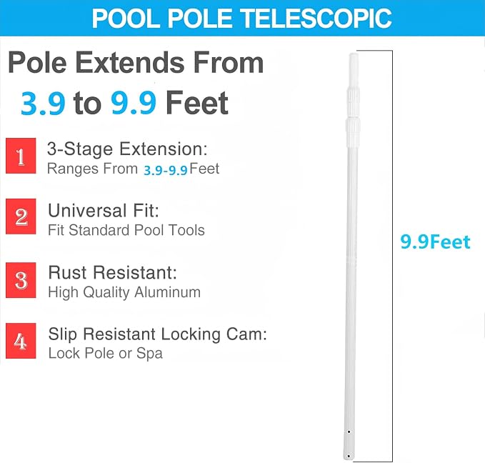 Pool Pole- Professional 9-Foot Telescopic Pool Cleaning Rod,Pool Rod Adjustable Telescopic Rod, Used for Cleaning Nets, Brushes, Vacuum Heads (9-feet)