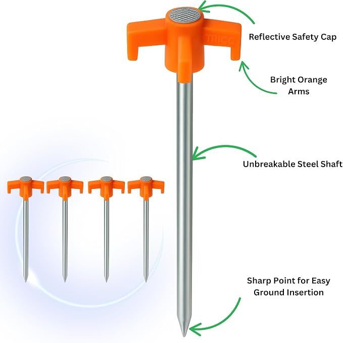 Tricc Unbreakable Heavy Duty Steel Tent/Canopy Stakes, Galvanized Non-Rust 10" Three Pegged Solid, Sturdy Stakes for Outdoor Trips, Camping, Hiking & Gardening. 4 Colors Made in The USA (Orange)