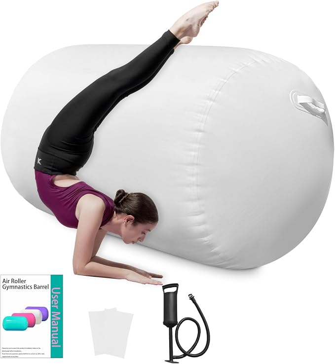 Air Roller Gymnastics Barrel, Inflatable Tumbling Equipment for Girls, Back Handspring & Backbend Trainer Mat for Cheerleading & Home Practice (Includes Manual Air Pump)