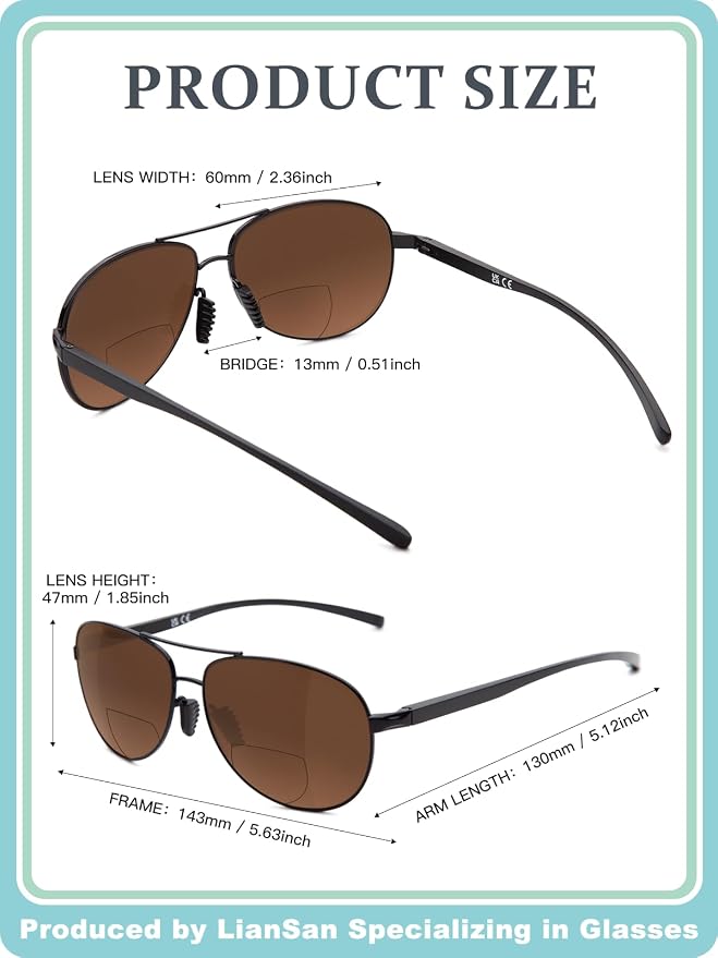 LianSan Premium Aviator Bifocal Reading Sunglasses for Men Women Retro Top Clear Sun Readers UV Protection