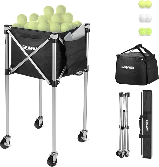NEEWER Tennis Ball Hopper, Pickleball Retriever Collector Basket Cart Holder Tennis Court Equipment Accessory for Training Teaching