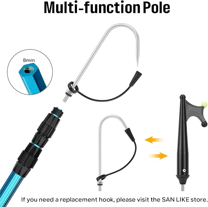 SANLIKE Telescopic Fishing Gaff Aluminum Pole with Nonslip Rubber Handle Stainless Steel M8 Screw Hook