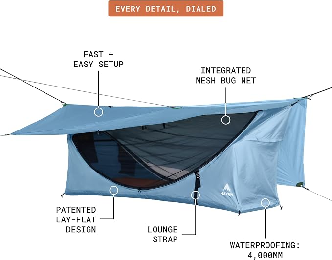 Haven Tents Lay Flat Hammock Tent - Waterproof Camping Hammock with Mosquito Net, Insulated Pad and Rainfly - Haven Tent, Haven XL, Haven Safari