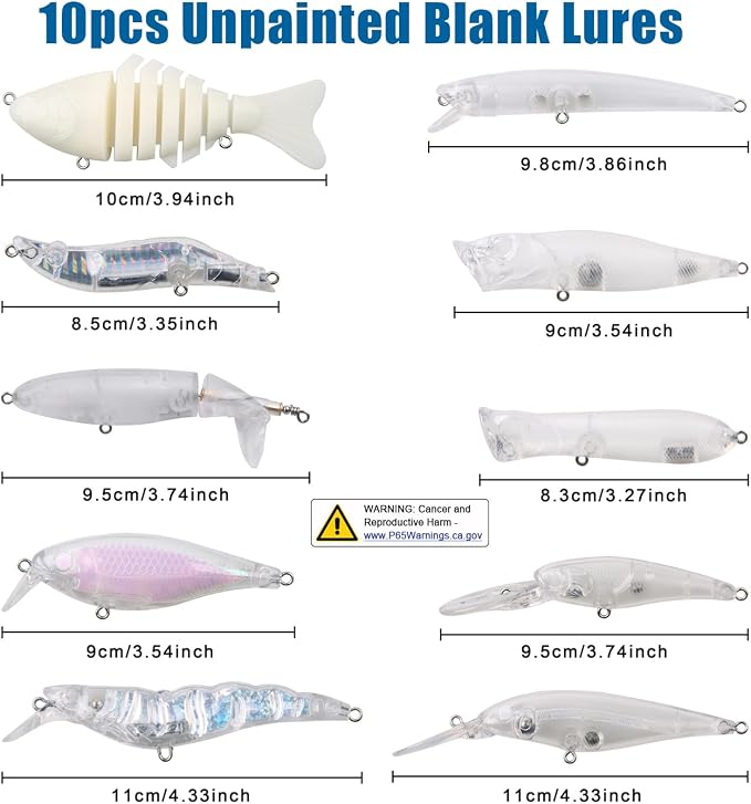 Unpainted Fishing Lures Making Kit DIY Blank Lures Crankbaits Minnow Jerkbait Hard Bait Set with Treble Hooks, Split Rings, Lure Eyes Lure Making Supplies Make Your Own Fishing Lures