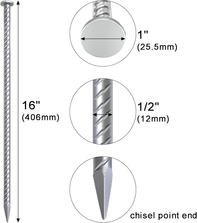 VVOKGO 16 Inch Rebar Stakes Metal Asphalt Anchoring Spikes Ground (8pcs), 1/2 Inch Diameter Galvanized Landscape Anchors Heavy Duty for Speed Bump, Handicap Threshold Ramps, Parking Limits Curb, Tarp