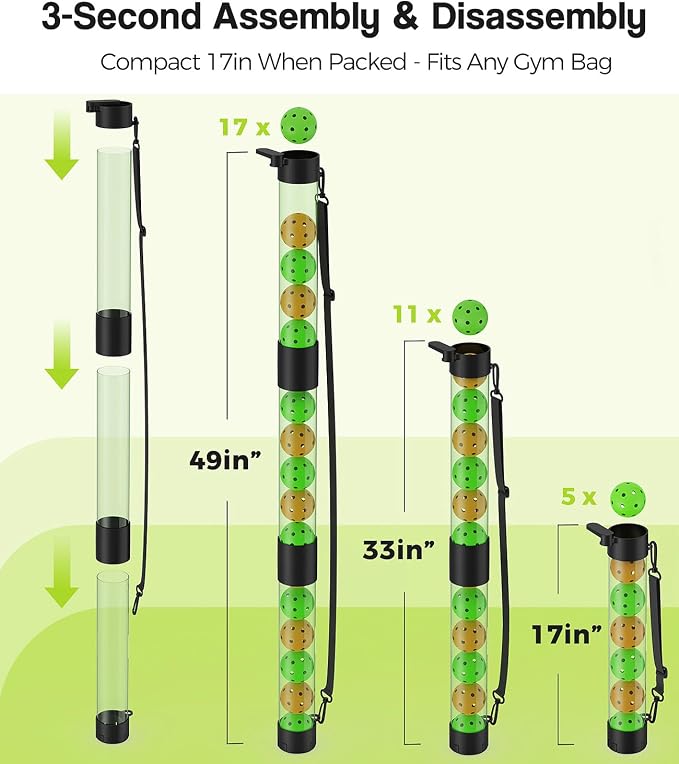 17 Balls Pickleball Ball Retriever & Holder with Strap – Adjustable Height Ball Collector, Back Saver for Adults, Kids & Wheelchair Users – Lightweight, Portable, Eco-Friendly (Green)