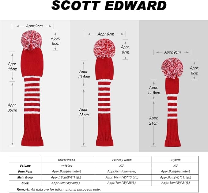 Scott Edward Golf Headcover Set of 5 PCS, Driver Wood Cover *1, Fairway Wood Cover *2, Hybrid Cover * 2, with Rotating Number Tags