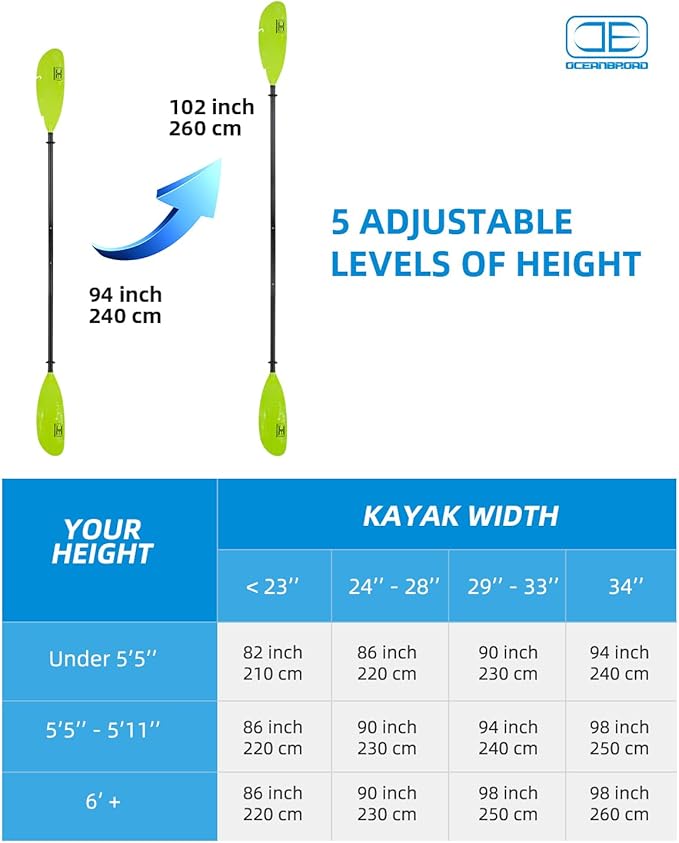 OCEANBROAD Adjustable Fishing Kayak Paddle - 94in/240cm-98in/250cm-102in/260cm Aluminum Alloy Shaft with Paddle Leash