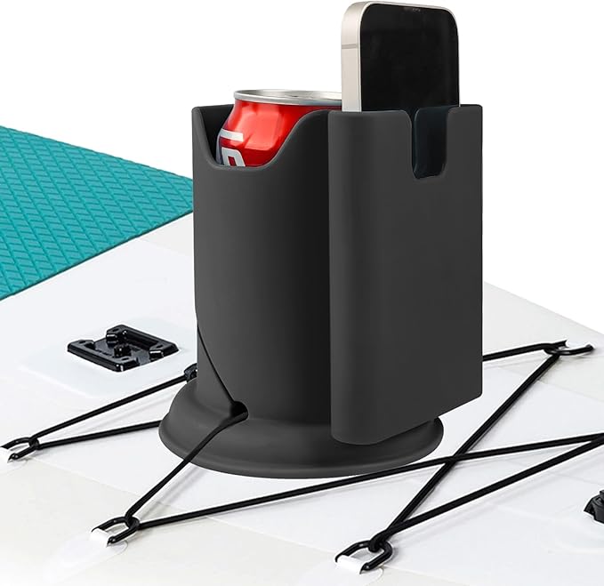 Paddleboard Cup Holder, Paddle Board and Kayak Drink Holder, 2-in-1 Drink & Phone Holder, Paddleboard Accessory for Surfboards, Canoes, SUPs, Kayaks, Boats (Black)