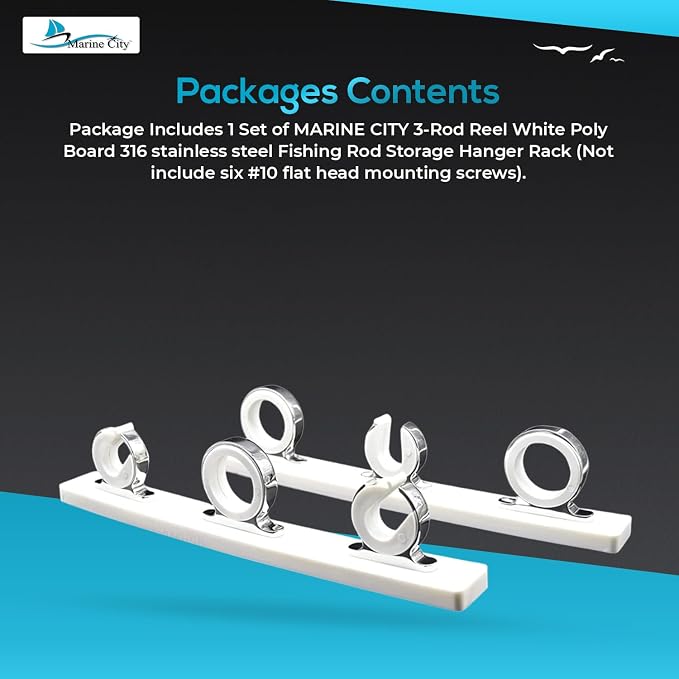 MARINE CITY Fishing Rod Storage Hanger Rack, 3-Rod Reel with White Poly Board, 316 Stainless Steel, Length 2.71 Inches for Boats Yachts Cars & Marine Use