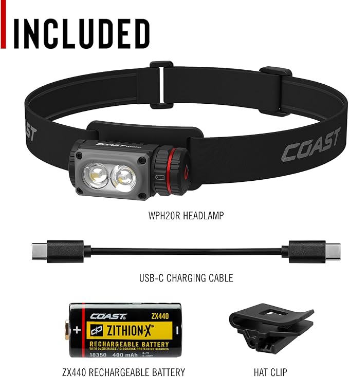 Coast WPH20R 2000 Lumen IP67 Waterproof USB-C Rechargeable+ Headlamp with SPOT and Flood Beams, Pocket and Hat Clip, 6 Lightmodes
