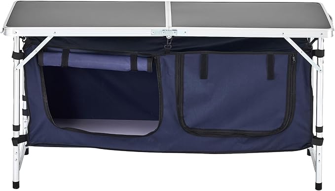 VEVOR Camping Kitchen Table, Folding Outdoor Cooking Table, 3 Adjustable Height, Aluminum Lightweight Portable Cook Station with Storage Organizer, Carry Handle, for BBQ Party Picnic RV Travel, Blue