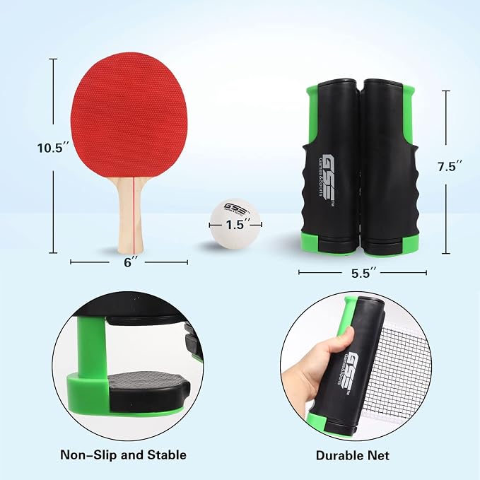 GSE Games & Sports Expert Adjustable Retractable Ping Pong Net Set & Post. Professional Table Tennis Rackets and Balls, Net with Posts and Storage Bag - Pingpong Paddle and Game Table Accessories. | Adjustable