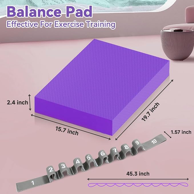 Extra Large Yoga Exercise Balance Pad - Thick Non-Slip Stability Cushion for Pilates and Exercise - High Density Foam Trainer for Core Strength Home Gym - Bonus: 10-Position Resistance Band!