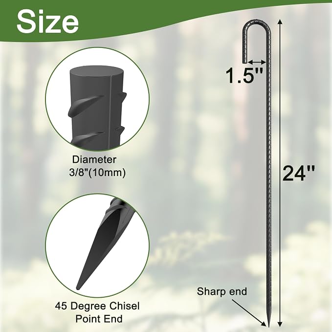 24 Inch J Hook Rebar Stakes 3/8" Thick, 16 Pack Extra Heavy Duty Black E-Coated Steel Ground Anchors for Greenhouse, Carport, Commercial Bounce House, High Wind Areas & Soft Soil