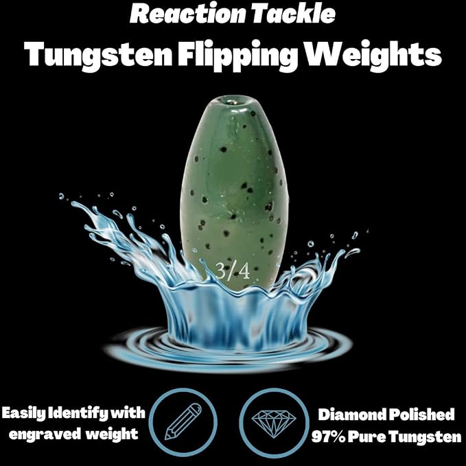 Reaction Tackle Tungsten Flipping Weights for Bass Fishing - Sinkers for Punching Heavy Cover - Fresh & Saltwater - Texas/Carolina Rigs - Size Stamped