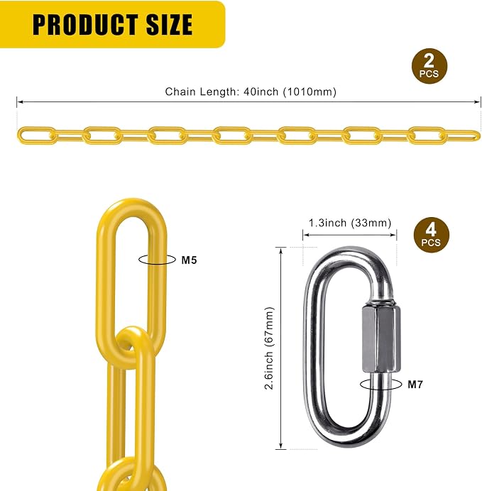 2Pcs 40" Heavy Duty Hanging Chains with Carabiners 1000 LBs Capacity Swing Chain Extension with Hooks Hammock Chains Yellow Coated Chain for Hanging Chair, Punching Bags, Swing Chair, Egg Chairs
