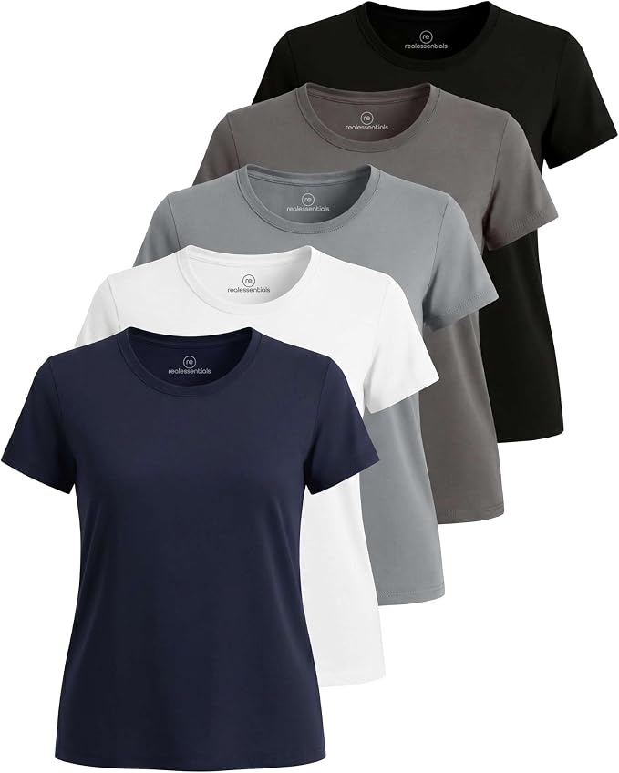 Real Essentials 5 Pack: Women's Short Sleeve T-Shirts Workout Tops Fitness Pilates Gym Activewear Athletic (Plus Available)