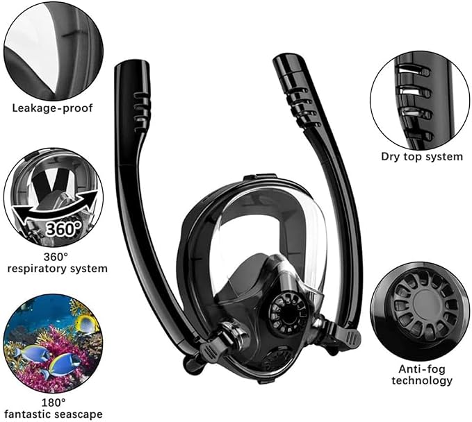 Snorkel Mask,Full face Snorkel Mask,Diving mask,Double Snorkel,Breath Separation,Anti Fog Anti Leak, 180 Degree Ultra Wide Angle,Suitable for Adults and Kids