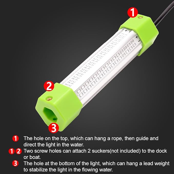 100W DC 12V IP68 Waterproof Aluminum High Power Glowing Boat Fish Attractants Lure Green Submersible Fishing Lights LED Underwater for At Night Snook Crappie with Battery Clips Cigarette Charger Plug