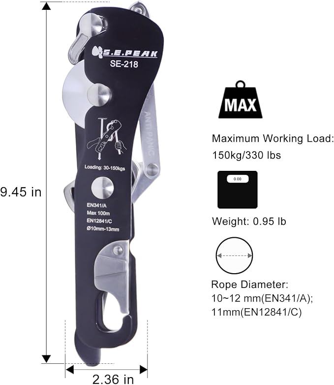 CE Certified Climbing Double Stop Descender Self-Braking Self Locking Rappelling Belay Devices for 10-12.5mm Rope for Rescue & Arborist, Hand Control