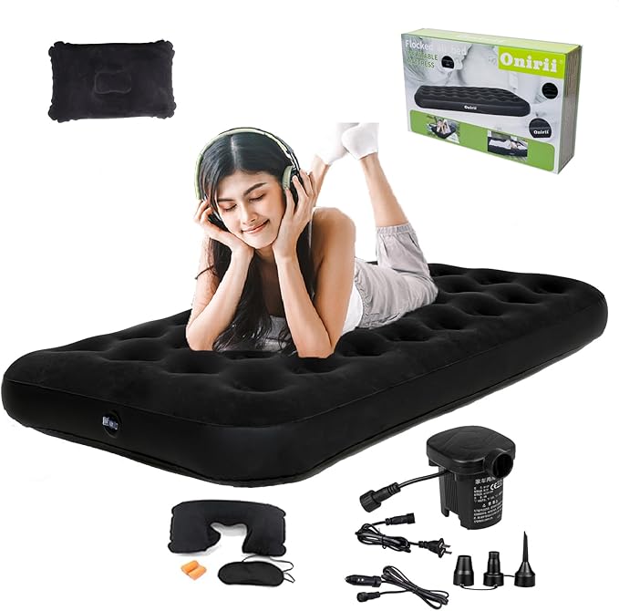 Onirii Twin Size Single Camping Air Mattress Bed with Air Pump | 75"x 39"Thickened Portable Inflatable Mattress Blow Up Air Mattress,Travel Sleeping Bed Pad for Camping Home Hiking(Black)