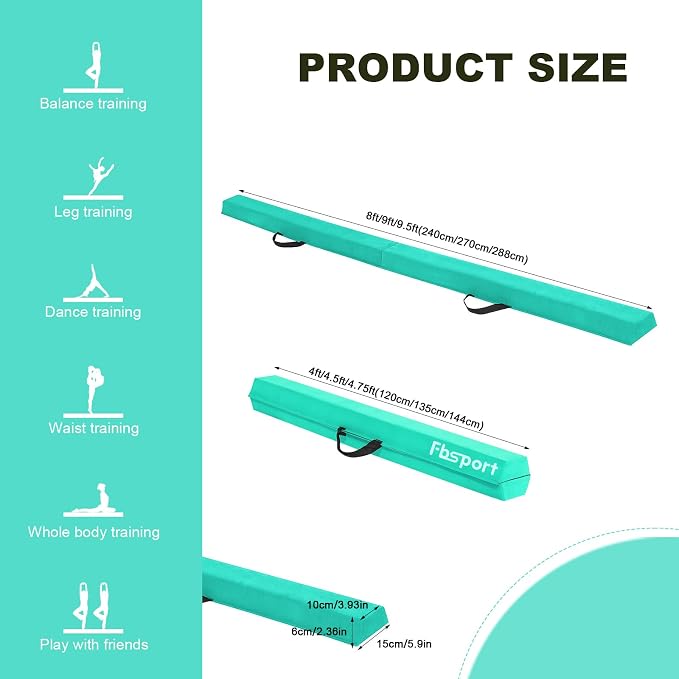 FBSPORT 8ft/9ft/9.5ft Balance Beam Folding Gymnastics Beam Foam Balance Floor Beam Equipment for Kids Adults, Suede Cover Anti Slip Base with Carry Bag for Home School Gym Training