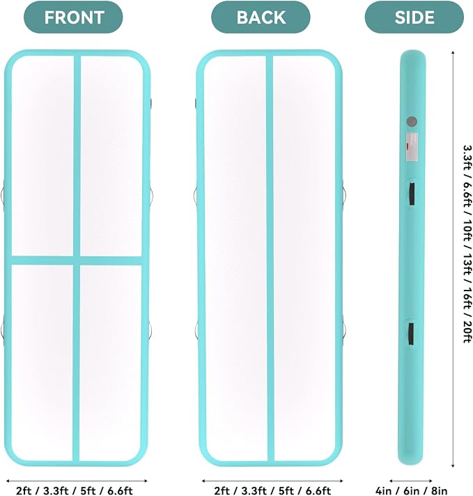 Inflatable Air Gymnastics Tumbling Mat 6ft 10ft 13ft 16ft 20ft, Air Tumble Track Mat 4/8 inches Thickness with Electric Air Pump for Home Use Training Cheerleading Yoga Water Beach Park
