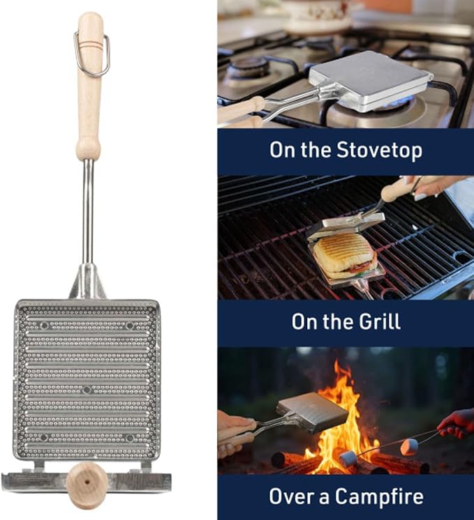 Hot Sandwich Maker Press for Stovetop or Campfire Cooking Equipment - Aluminum Flip Pan Sandwich Toaster with Handles - Panini Maker Great for Kitchen and Camping Cookware by Kings County Tools