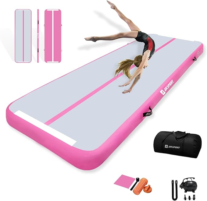 AKSPORT Inflatable Gymnatsics Mat Tumble Track 10ft 13ft 16ft 20ft 23ft Air Tumbling Mat with Air Pump for Home Use/Training/Cheerleading/Yoga