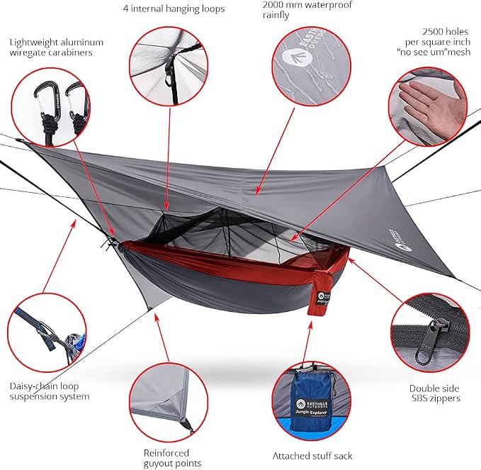 Easthills Outdoors Jungle Explorer 118" x 79" Double Camping Hammock Lightweight Ripstop Parachute Nylon 2 Person Hammocks with Removable Bug Net, Tree Straps and Tarp Gray