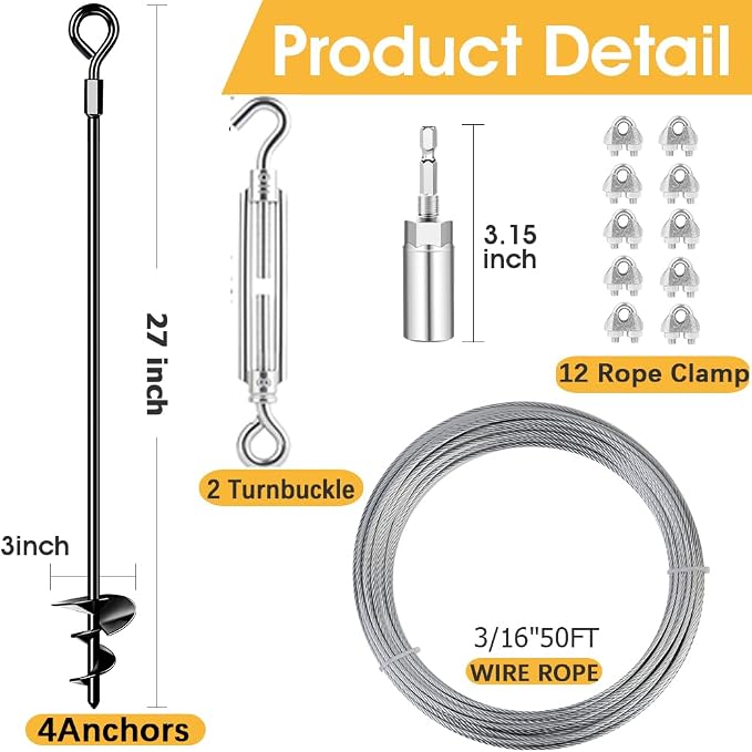 27" Screw in Ground Anchors Kits with 3/16" Cable, 4 Pack Heavy Duty Stakes | for Shed, Earth Anchors High Wind Hurricane Straps, for Swing Set, for Mobile Home, for Carport Gazebo Trampoline Tent Tree
