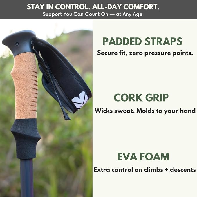 Outsura Trekking Poles for Hiking Collapsible Lightweight Aircraft Graded Aluminum Hiking Poles with Cork Grip & Quick Lock, Pair of 2 Walking Sticks for Seniors Trail & Backpacking
