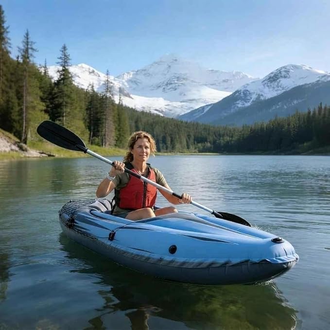 9ft Inflatable Fishing Kayak, 1-Person Foldable Boat, 220lb Capacity with Aluminum Oars, High Output Pump, Adjustable Seat, Removable Fins, Cargo Net for Adults, Lakes, Rivers and Fishing