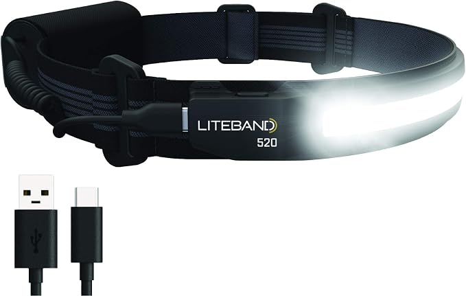 OPTIMAL VENTURES LITEBAND ACTIV Rechargeable LED Headlamp, 520 Lumens, 210° Wide Beam, Lightweight No-Bounce Fit, IPX4 Weather Resistant, Black