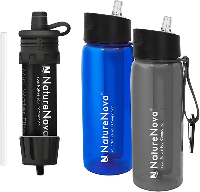 Mini Water Filter NatureNova Portable Emergency Water Filtration(1 Pack,Black) with Naturenova Water Filter Bottle(2 Pack Blue/Black)