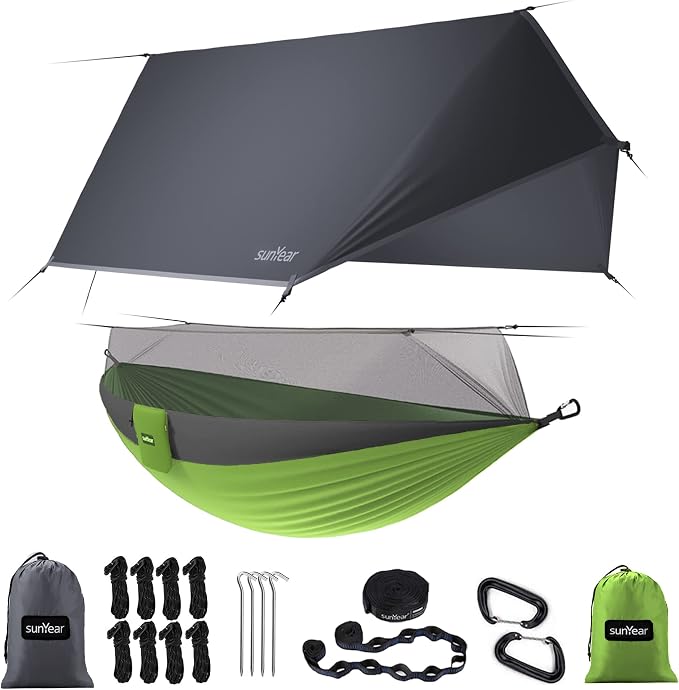 Sunyear Camping Hammock, Portable Single & Double Hammock with Net, 2 Person Hammock Tent with 2 * 10ft Straps, Best for Outdoor Hiking Survival Travel