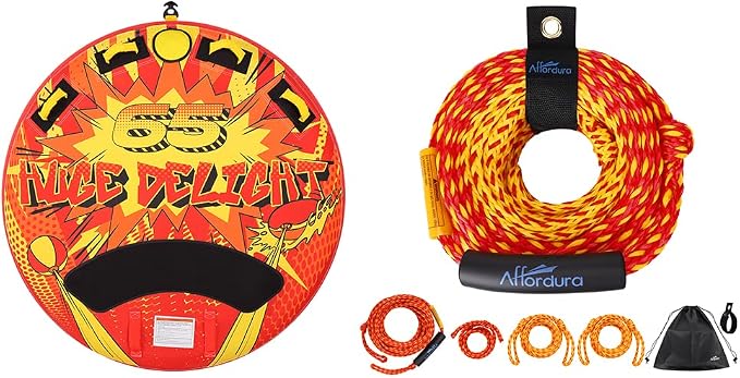 Affordura Towable Tubes 1-2 Rider and Tow Rope Red 1-2 Rider Bundle
