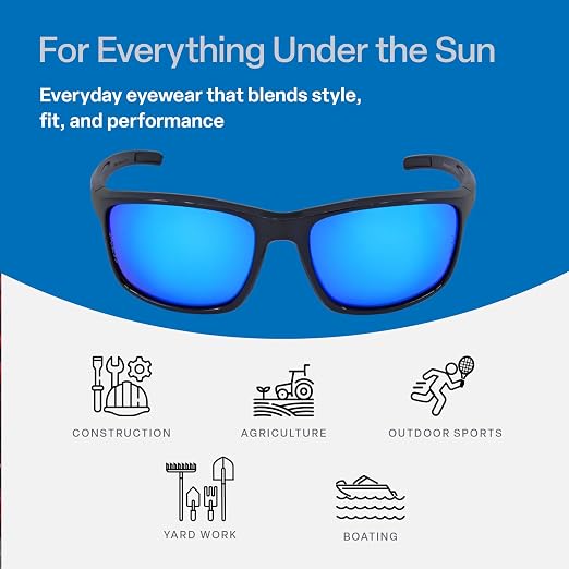 Bullhead Safety Eyewear Pompano Glasses – Anti-Fog, Lightweight, Scratch Resistant, UV Light Blocking Sunglasses for Driving, Golf, Boating, Outdoor Work, Blue Mirror Lens