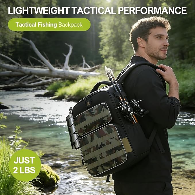 Fishing Backpack with Rod Holder Lightweight Water Resistant Tackle Backpack for Freshwater or Saltwater Large Storage High-Performance Fishing Bag