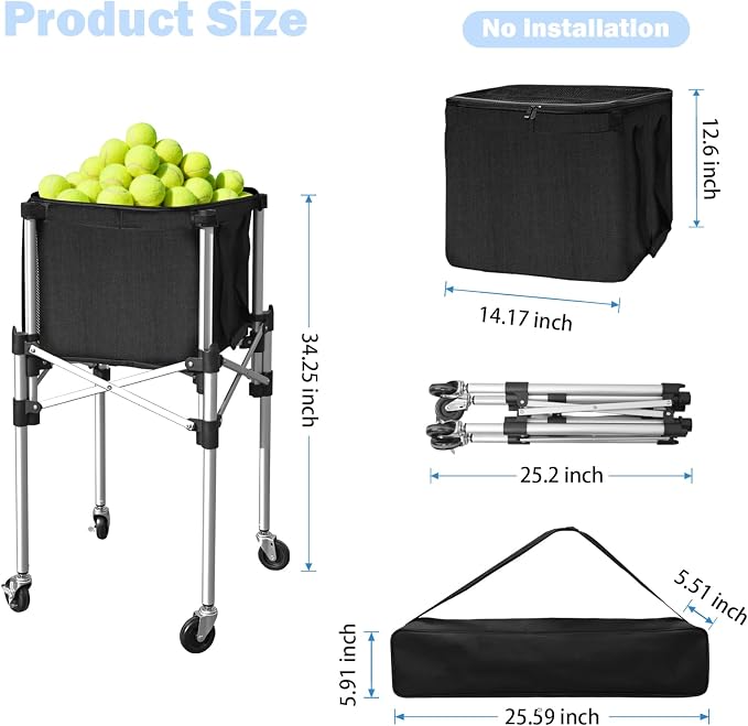 Retractable Tennis Ball Hopper Holds 180 Balls, Upgraded Tennis Ball Basket, Easy to Use Without Installation for Tennis Training and Teaching