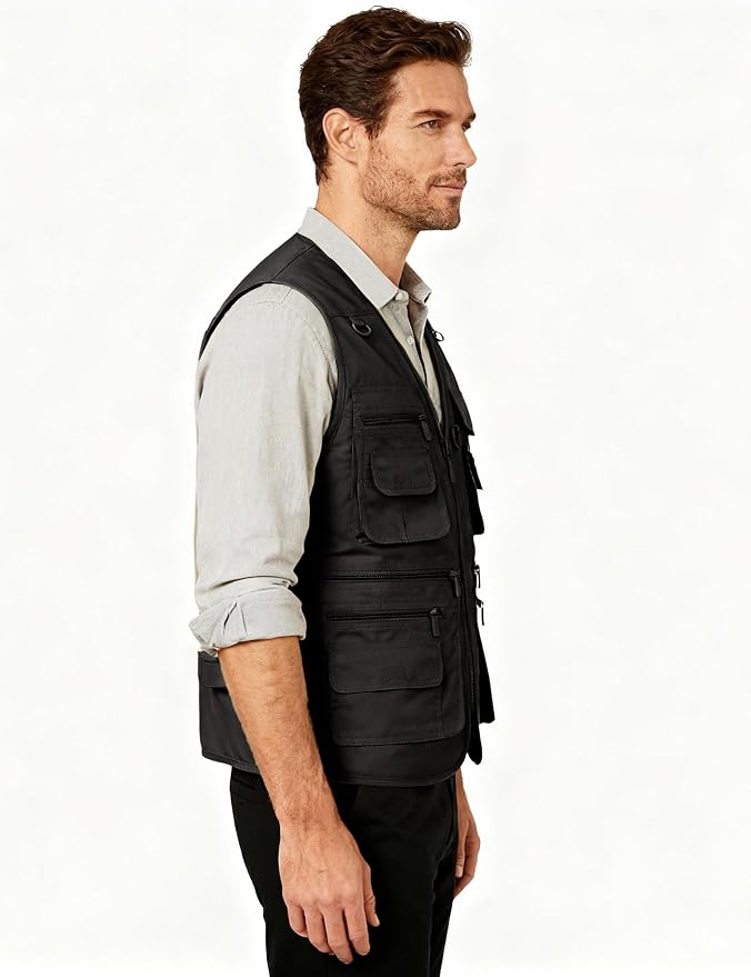 Flygo Men's Fishing Vest Utility Lightweight Outdoor Travel Safari Photo Cargo Vest with 16 Pockets