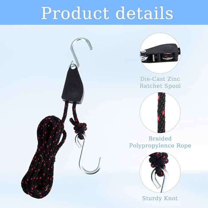 6 Pack Kayak Rope Tie Downs Ratchet Straps, 1/4" x 11.8ft Kayak-Ratchet-Ties Downs Canoe Bow and Stern Ties Down Straps, Heavy Duty Adjustable Rope Clip Tie Down Kayak and Canoe Accessories