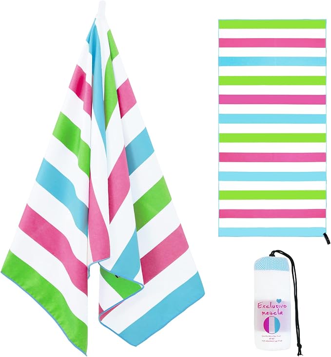 Exclusivo Mezcla Oversized Quick Dry Beach Towel, Microfiber Sandfree Cabana Stripe Pool Bath Swim Towel with Bag, Lightweight and Thin (Stripe Multicolor, 35x70 Inches)