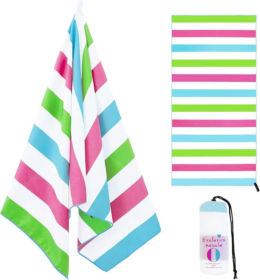 Exclusivo Mezcla Oversized Quick Dry Beach Towel, Microfiber Sandfree Cabana Stripe Pool Bath Swim Towel with Bag, Lightweight and Thin (Stripe Multicolor, 35x70 Inches)